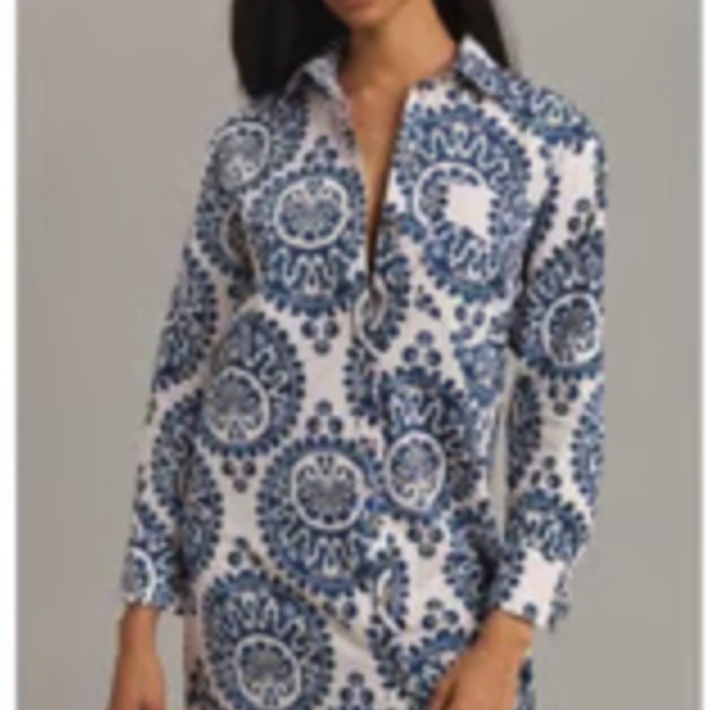 NWT Anthropologie Maeve The Soren in Navy White Medallion Print Shirt Dress 1X - Picture 2 of 10